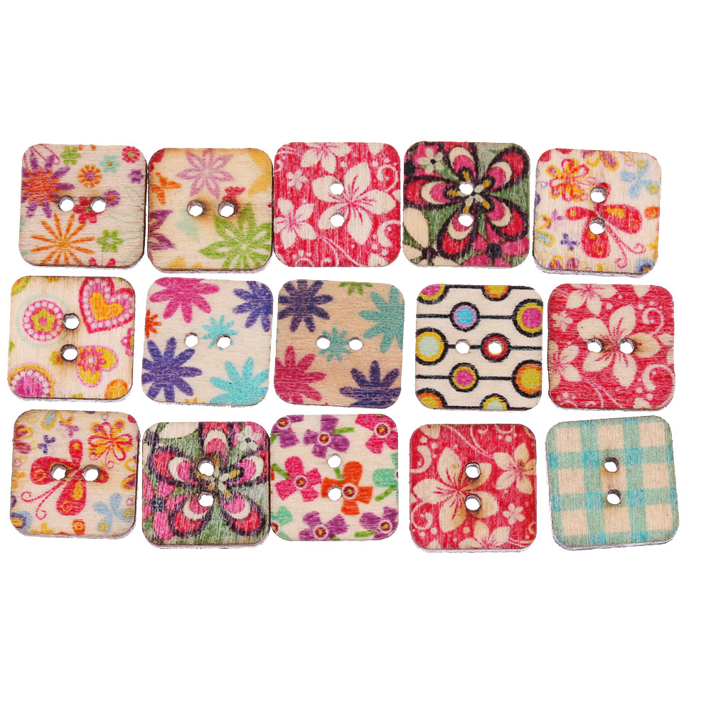 100Pcs 2 Holes Square Sewing Wooden Buttons Mixed Flower Decorative