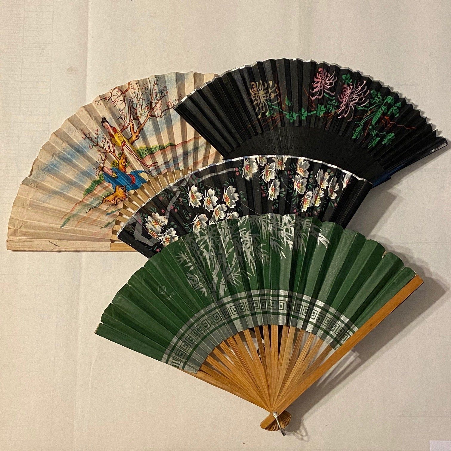 4 Asian Wood Folding Fans Decorative Ornate Hand Held Paper Etsy