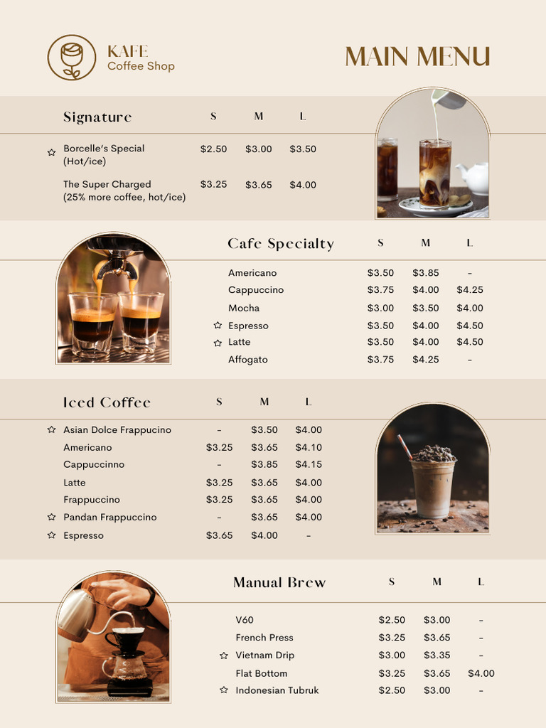 Beige Cream Simple Minimalist Coffee Shop Cafe Menu Templates By