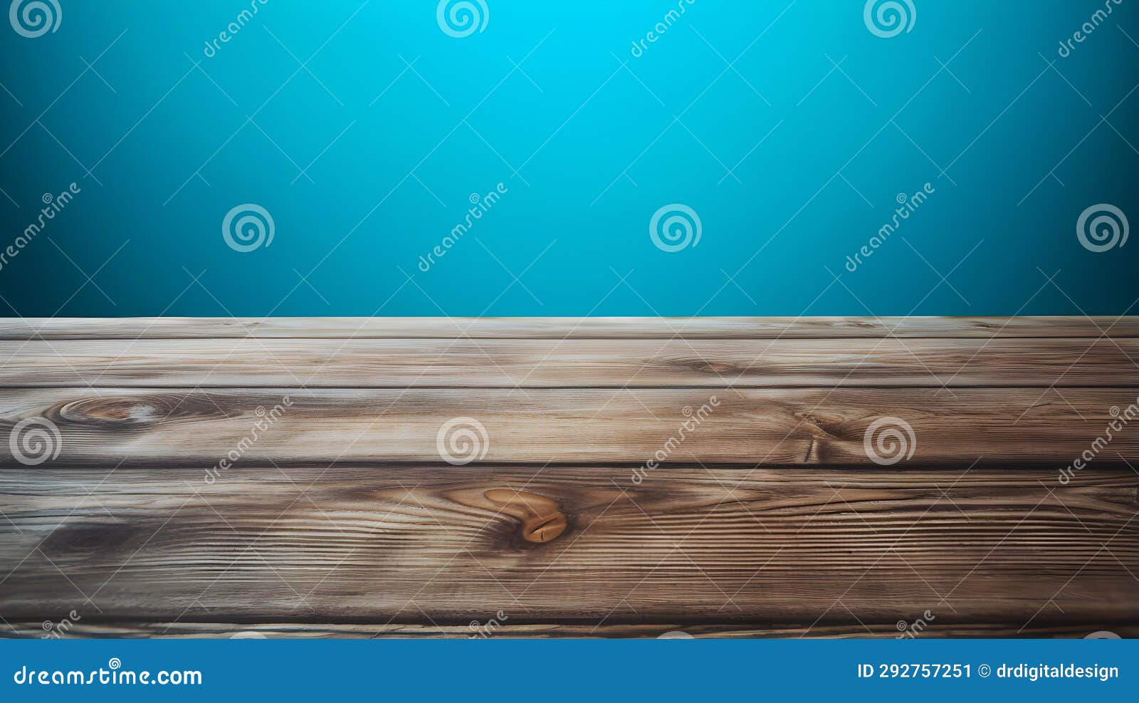 Close Up Of A Wooden Table In Front Of A Cyan Wall Rustic Backdrop With Copy Space Stock