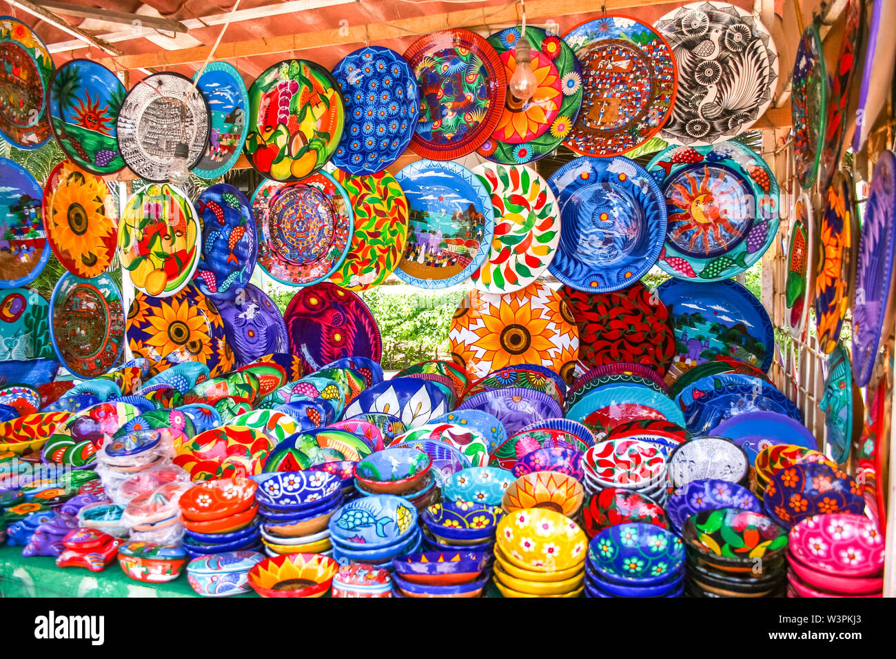 Colorful Handmade Decorative Mexican Plates With Many Patterns On The Display On The Local