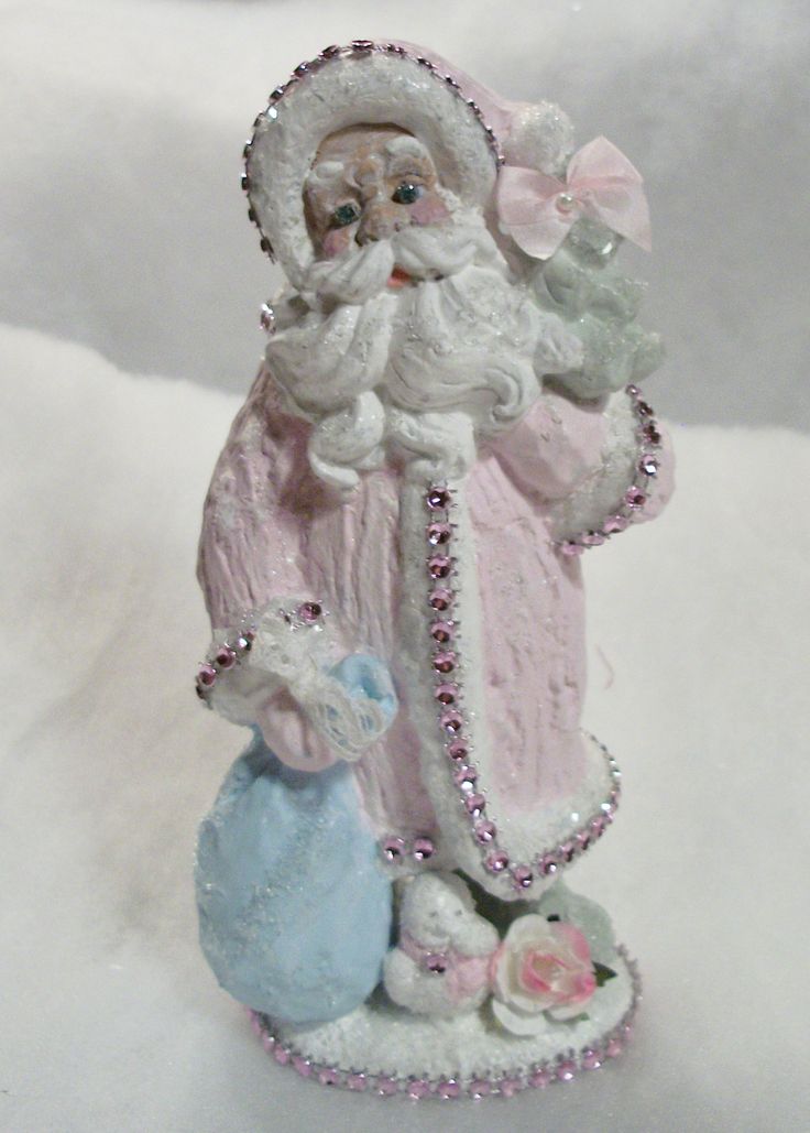 Cute Shabby Chic Pink White Santa Figurine Decorated With Pink Roses