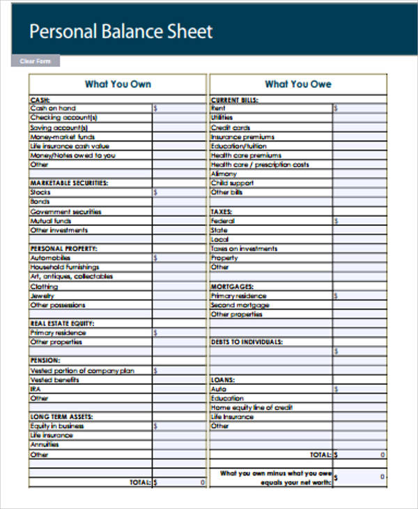 Free Printable Personal Balance Sheet Templates Word Pdf Excel Examples