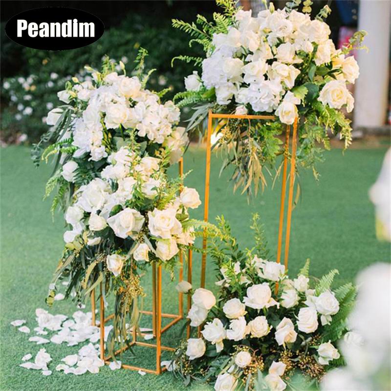 Gold Column Flower Stand Metal Square Rack Flower Holder For Wedding