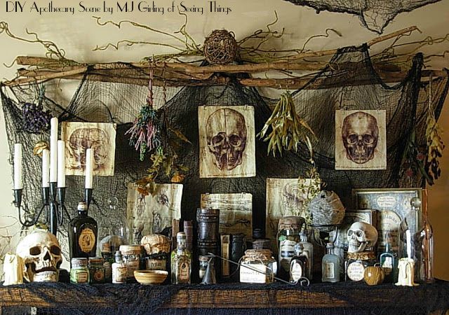 Halloween Witch Cabinet Apothecary Bottles Wall Table Haunted House