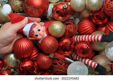 Hand Removing Christmas Decorations Storage Container Stock Photo