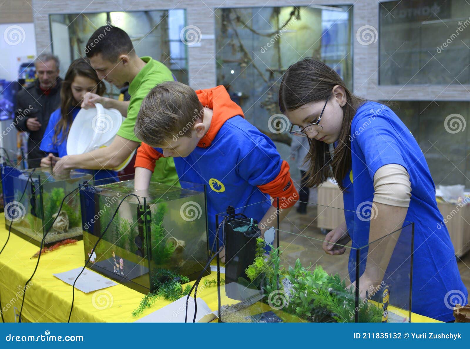 Lesson Of Aquarium Husbandry Girls Students Arranging Decorations In An Empty Aquariums At