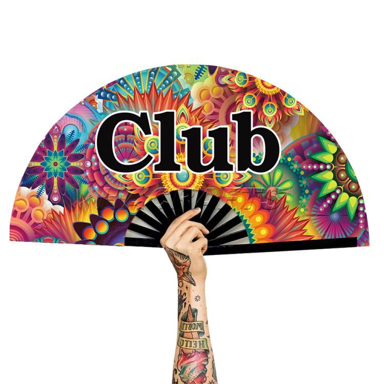 Promotional Large Rave Fan Bamboo Hand Fan Fabric Hand Held Folding