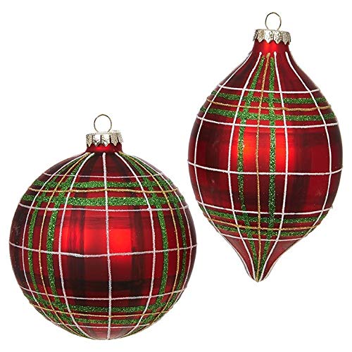 Set Of 2 Raz 4 5 Red And Green Plaid Glass Christmas Ornament 3824514