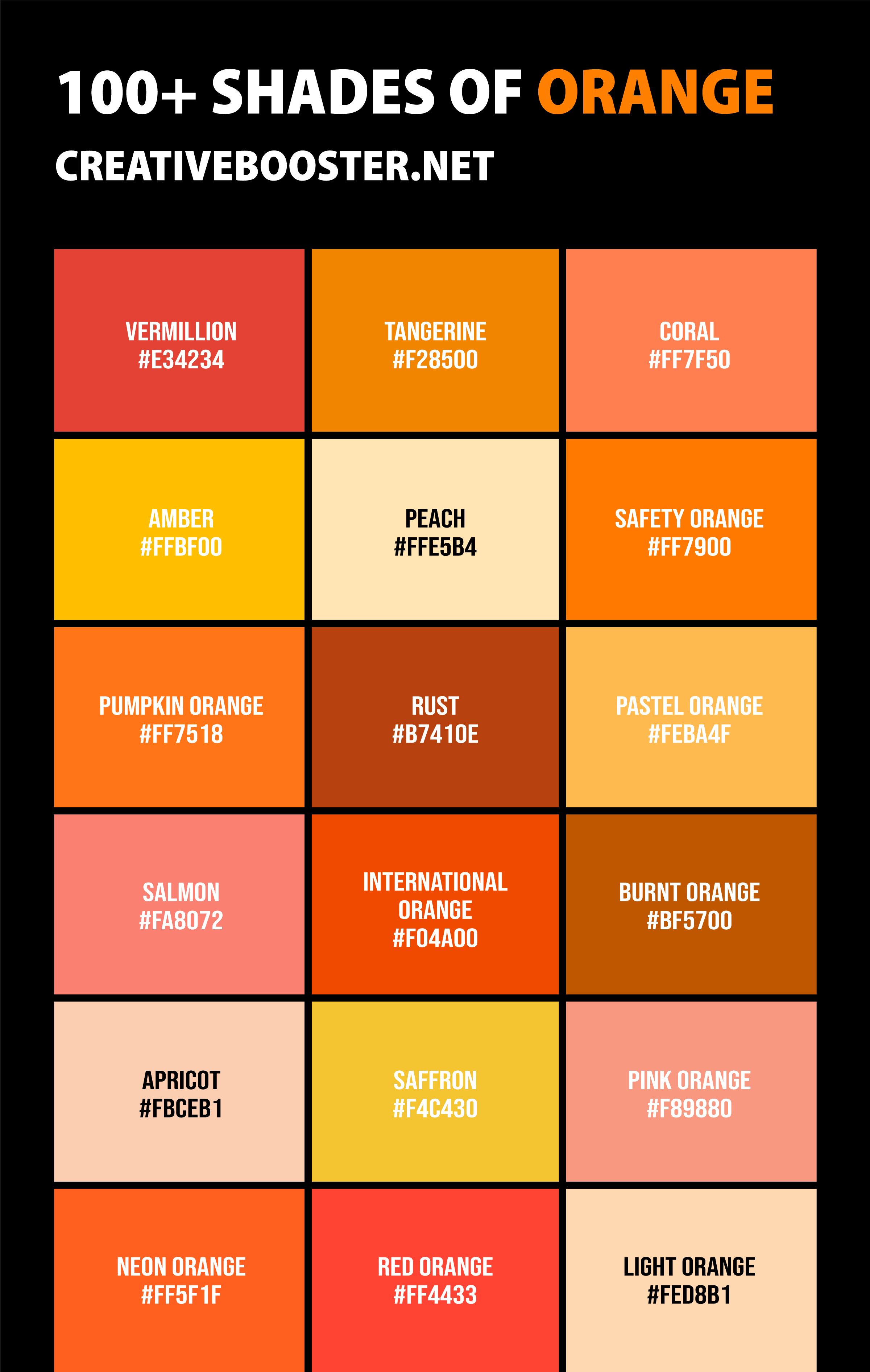 The Color Chart For Different Shades Of Yellow And Orange With Text That Reads 100 Shades Of