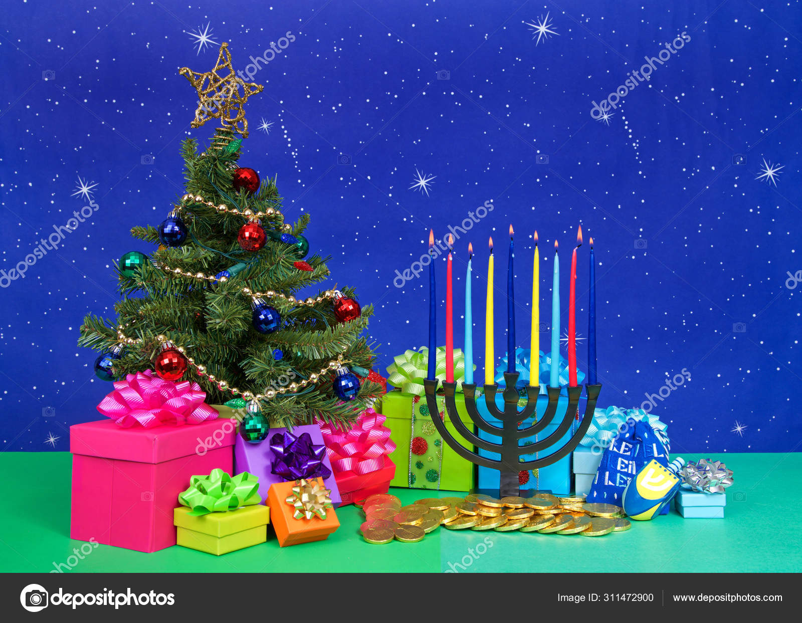 The Menorah Is Next To Many Wrapped Presents With Lit Candles On Them