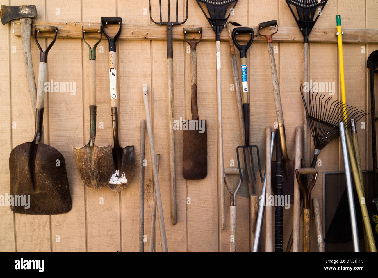 Tools Hanging On A Shed Wall Stock Photo 64620129 Alamy